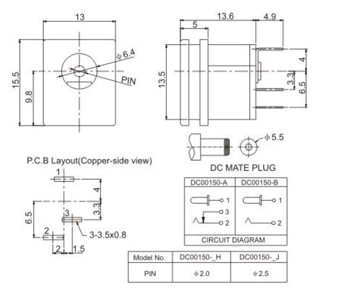 Vertical 3pin 1.35mm DC Power Jack